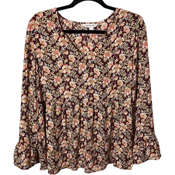 Counterparts Tops - Counterparts Women’s Large Brown Floral Peplum Long Sleeve Blouse
